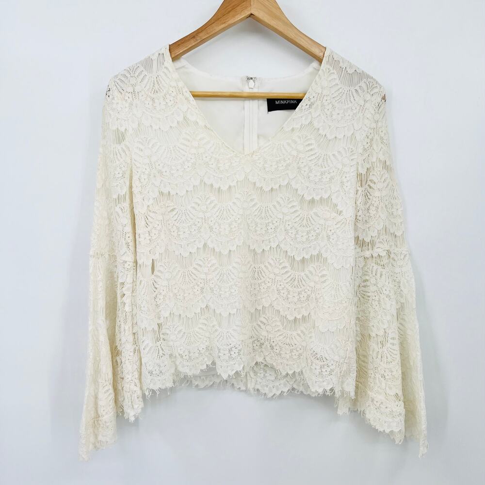 MinkPink White Boho Indie Bell Sleeve Lace Blouse Women's Small